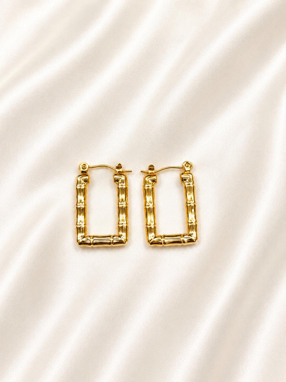 Gold Bamboo Textured Rectangular Hoop Earrings